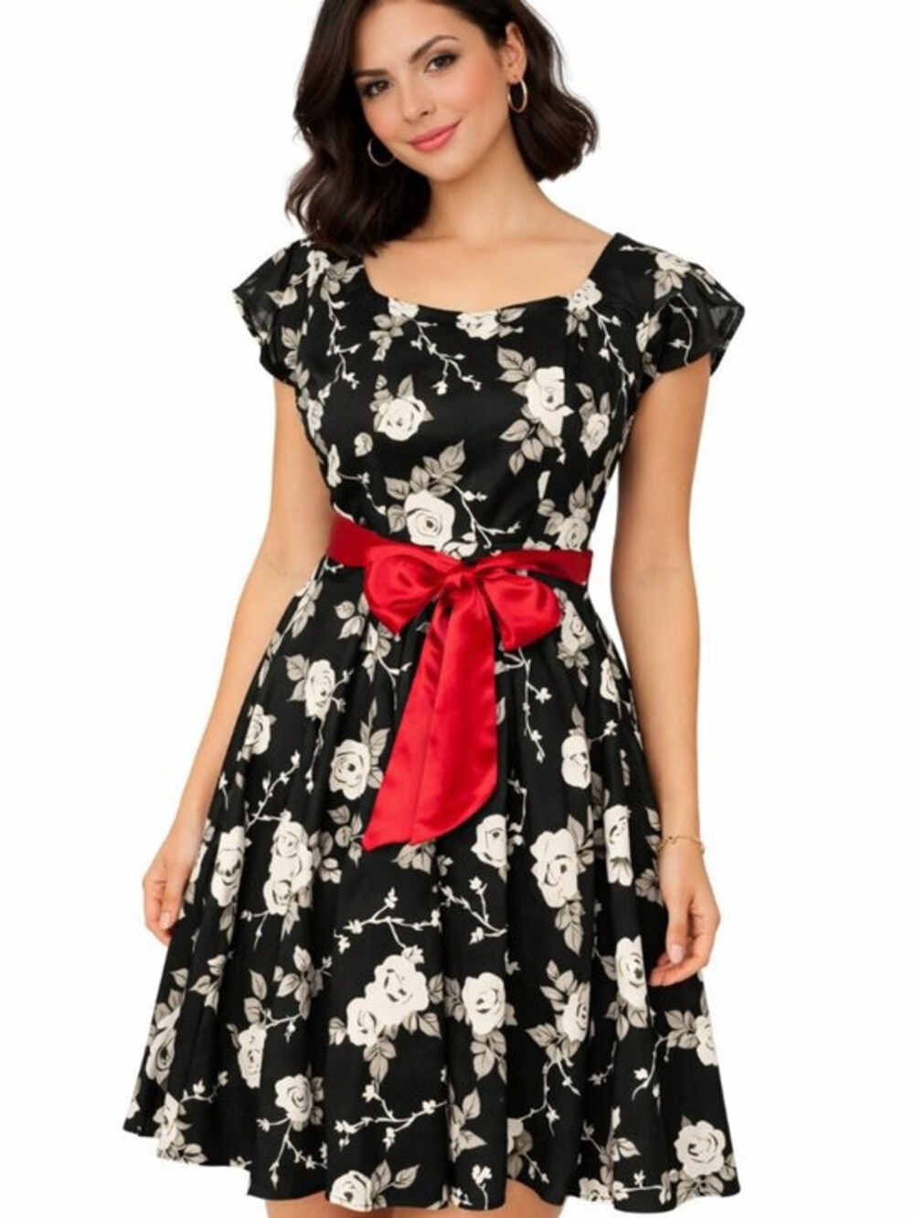 Hell Bunny Vixen Swing Dress Floral Satin Red Belt Pinup Size Small